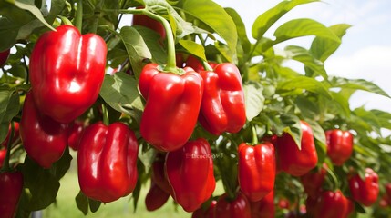 Wall Mural - Vibrant bell paprika harvest growing on a sprawling open plantation under the warm summer sun.