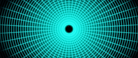 Poster - Neon blue glowing wireframe tunnel. Turquoise wormhole in deep space with stars. Grid tunnel in perspective. Funnel or portal illusion. Circular mesh structure tube. Vector optical art illustration