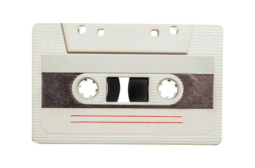 Isolated photo of old fashioned, white colored audio tape cassette on white background.