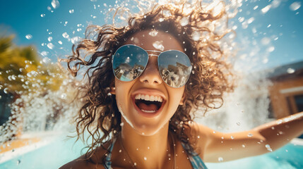 Joyful Young Woman Splashing Water in Pool with Sunglasses, Summer Fun and Vacation Lifestyle Concept