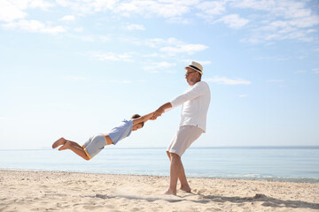 Poster - Grandfather playing with little boy on sea beach