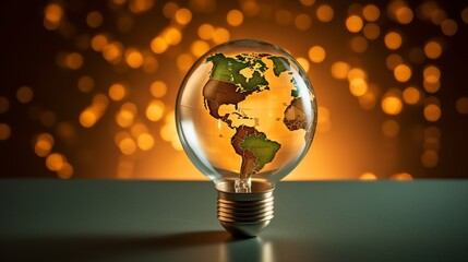 Wall Mural - Renewable energy   green world map on light bulb for environmental protection and sustainability
