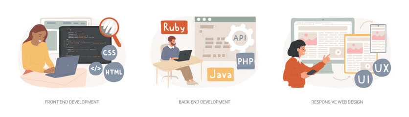 Poster - Web development agency isolated concept vector illustration set. Front and back end development, responsive web design, website interface, coding and programming, user experience vector concept.