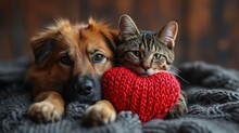Couple Of Friends A Striped Cat And Dog Puppy Are Lying With Knitted Red Hearts