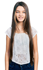 Poster - Young brunette girl with long hair wearing white shirt with a happy and cool smile on face. lucky person.