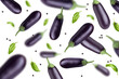 Fresh whole eggplants, basil and peppercorns falling on white background