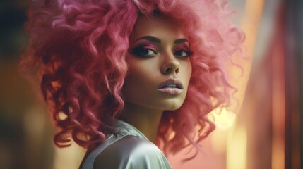 Photorealistic Adult Indian Woman with Pink Curly Hair Futuristic Illustration. Portrait of a person in cyberpunk style. Cyberspace Ai Generated Horizontal Illustration.