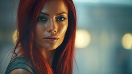 Photorealistic Adult Indian Woman with Red Straight Hair Futuristic Illustration. Portrait of a person in cyberpunk style. Cyberspace Ai Generated Horizontal Illustration.