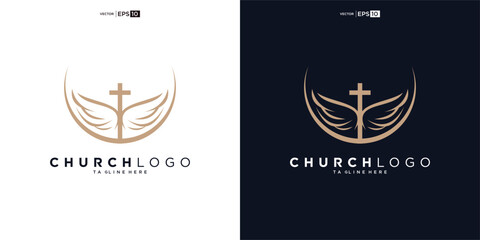 Wall Mural - Church logo. Bible, Jesus' cross and angel wings. Wings church logo design icon.