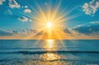 a lifestyle stock photography of Beaming sun over ocean, water cycle in action with evaporation and clouds forming. Vivid blues, golden sunlight. High angle, wide shot of ocean and sky