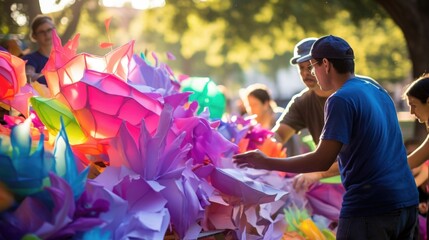 Closeup of a giant, colorful paper machÃ© structure being assembled by a team of community members, to be displayed in a parade.