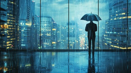 business insurance corporate risk malmanagement concept businessman with umbrella standing in rain in urban city landscape. generative ai