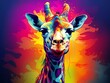 giraffe illustration in abstract, rainbow ultra-bright neon artistic portrait graphic highlighter lines on minimalist background. generative ai