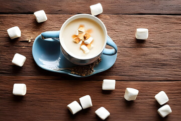 Cup of hot drink with marshmallows on wooden table