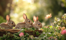 .easter, Delightful Springtime Image Featuring Young Farm Bunnies Among Blooming Flowers, Great For Family, Nature, And Seasonal Themes. Easter Concept.