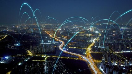 smart Connected city skyline. Futuristic network concept, city Technology