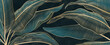Dark luxury art background with tropical leaves in golden line art style. Botanical banner for wallpaper, decor, print, poster, textile, packaging, interior design.