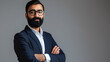 © l1gend - Proud confident bearded indian business man investor, rich ethnic ceo, corporate executive, professional lawyer banker, male office employee standing isolated on gray with arms crossed. Portrait