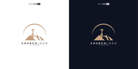 Wall Mural - church logo designs with mountain, minimalist logo. People church vector logo design template