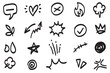 Vector set of hand-drawn cartoony expression sign doodle, curve directional arrows, emoticon effects design elements, cartoon character emotion symbols, cute decorative brush stroke lines.