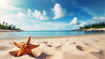 Wall Mural - starfish and seashell on the summer beach in the water on bright day