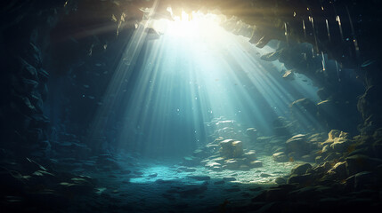 Wall Mural - bright sunlight into the underwater cave