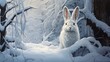 Snowshoe hare camouflaged in winter wonderland - majestic wildlife in frosty forest