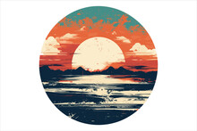 Beautiful Sunset Beach Sticker Vector,  Sunset Beach Vector Illustration For T Shirt ,