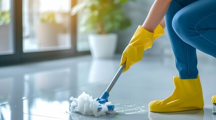 Wall Mural - Cropped image of woman in yellow rubber gloves cleaning floor at home