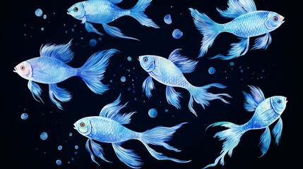 Wall Mural - light watercolor blue fishes on the black background