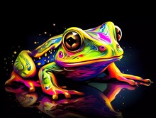 Frog Illustration In Abstract, Rainbow Ultra-bright Neon Artistic Portrait Graphic Highlighter Lines On Minimalist Background. Generative Ai