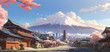 a beautiful japanese village city town in the morning.  anime comics artstyle. cozy lofi asian architecture. mount fuji in background. Generated by AI