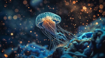 Wall Mural - Glowing Marine Jellyfish Swimming Amidst Light Particles in Dark Ocean Depths