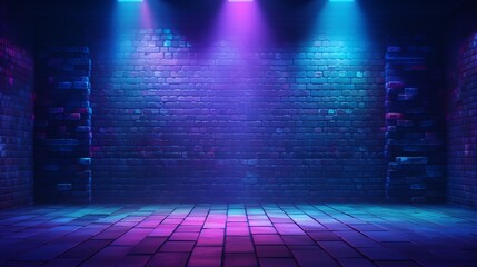 Wall Mural - urban vibes: studio space with brick wall texture, blue & purple background, neon lights, laser beam
