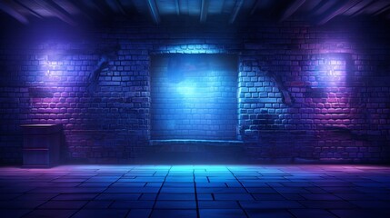 Wall Mural - urban vibes: studio space with brick wall texture, blue & purple background, neon lights, laser beam