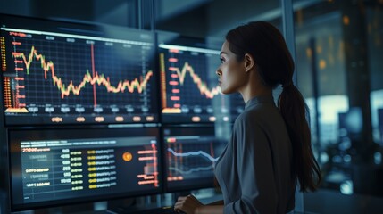 Poster - Expert financial analyst deciphering big data on desktop lcd screen for investment success