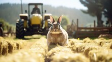 A Tractor Carrying A Large Load Of Freshly Harvested Hay Rolls By The Rows Of Cages Housing The Furry Inhabitants Of A Thriving Rabbit Farm.