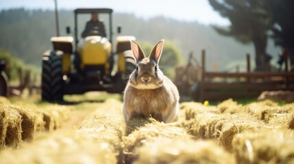 Wall Mural - A tractor carrying a large load of freshly harvested hay rolls by the rows of cages housing the furry inhabitants of a thriving rabbit farm.