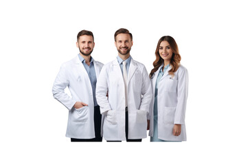 A group of male doctors standing and smiling looking at the camera transparent background