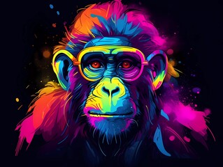 Wall Mural - monkey illustration in abstract, rainbow ultra-bright neon artistic portrait graphic highlighter lines on minimalist background. generative ai