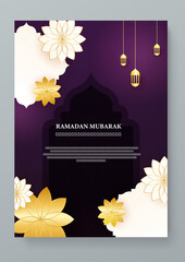 Poster - Gold white and purple violet vector islamic ramadan kareem celebration greeting cards. Vector illustrations for greeting card, invitation card, website banner, social media banner, marketing material.