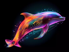 Dolphin Illustration In Abstract, Rainbow Ultra-bright Neon Artistic Portrait Graphic Highlighter Lines On Minimalist Background. Generative Ai