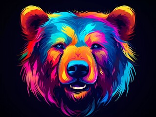 Wall Mural - bear illustration in abstract, rainbow ultra-bright neon artistic portrait graphic highlighter lines on minimalist background. generative ai