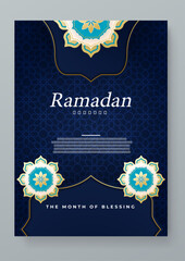 Poster - Blue beige and gold vector islamic ramadan kareem celebration greeting cards. Ramadan background for banner, greeting card, poster, social media, flyer, card, cover, or brochure