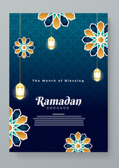 Wall Mural - Blue green and orange vector islamic ramadan kareem celebration greeting cards. Ramadan background for banner, greeting card, poster, social media, flyer, card, cover, or brochure