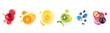 Creative concept made of apple, orange, lemon, kiwi, blueberry, plum on the white background with watercolor spots. Flat lay. Food concept. Macro concept.