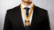 Businessman wearing gold medal and wear black suit on white background