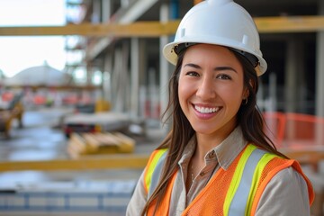 Canvas Print - Woman, construction worker and portrait with a smile for engineering and Arms crossed,