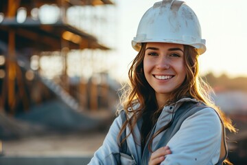 beautiful female engineer White man smiling at the camera with construction background 