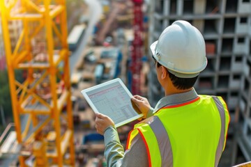 Canvas Print - engineer or architect on construction site checking schedule with tablet computer 